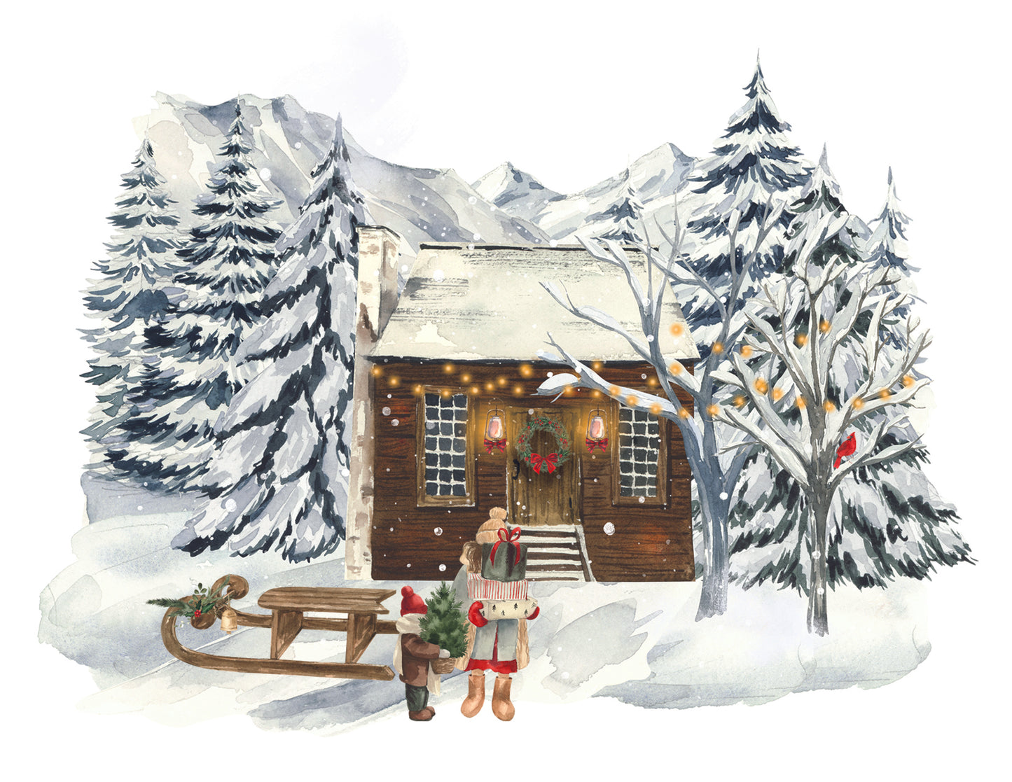 Winter scene with a cabin, trees, and people with a sled.
