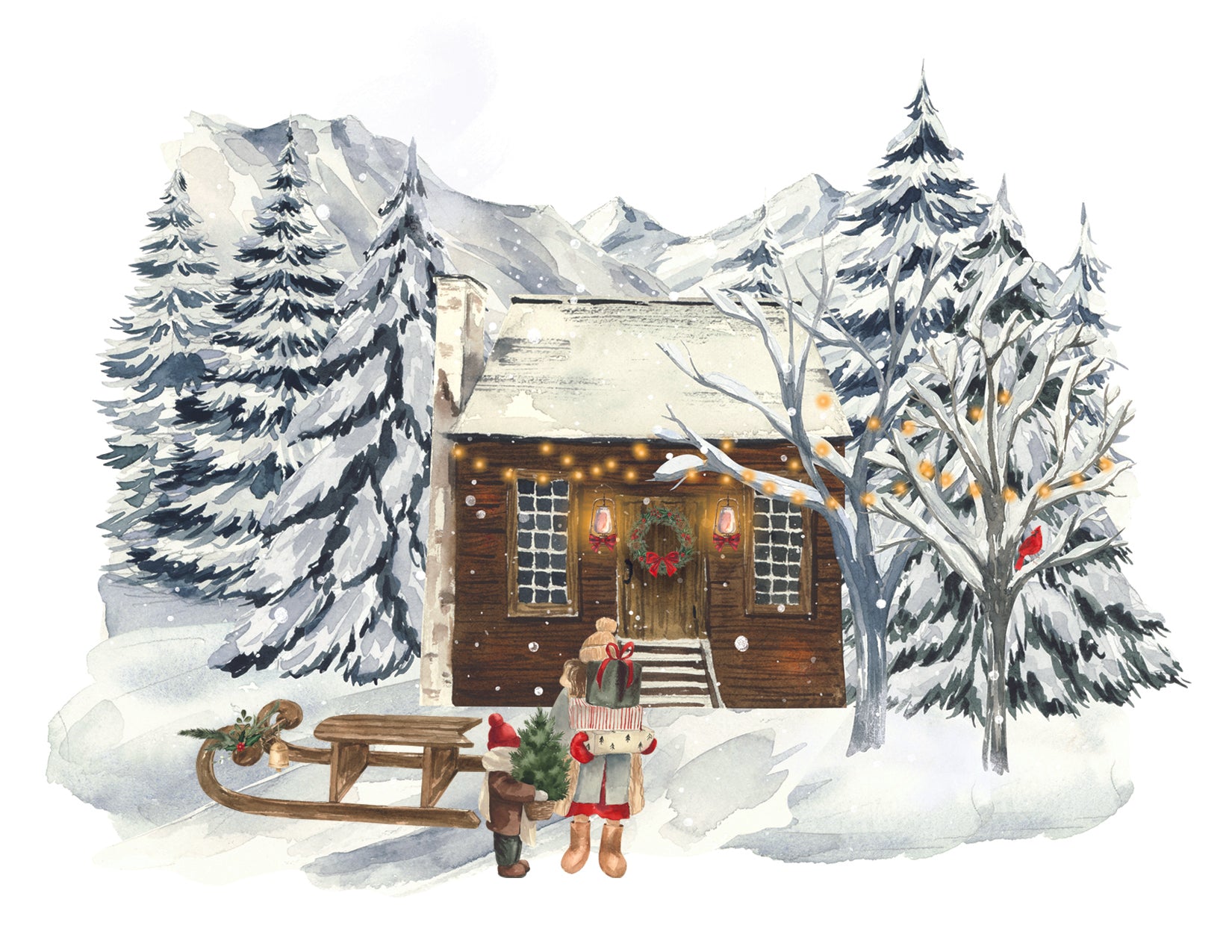 Winter scene with a cabin, trees, and people with a sled.