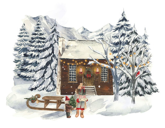 Winter scene with a cabin, trees, and people with a sled.