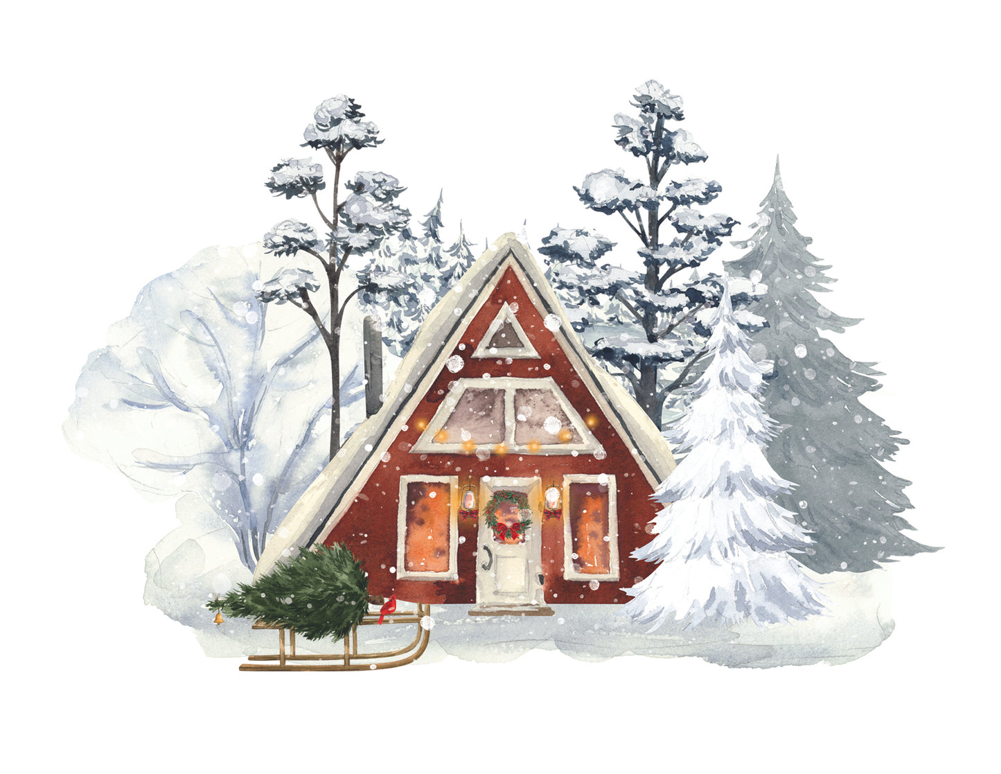 Red A-frame cabin in a snowy landscape with trees and a sleigh.