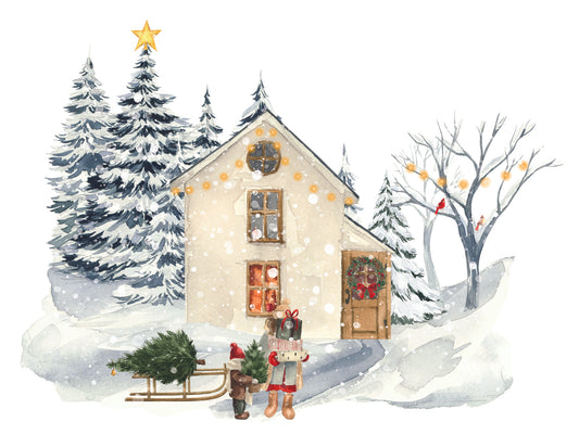 Illustration of a cozy house with Christmas decorations in a snowy landscape.