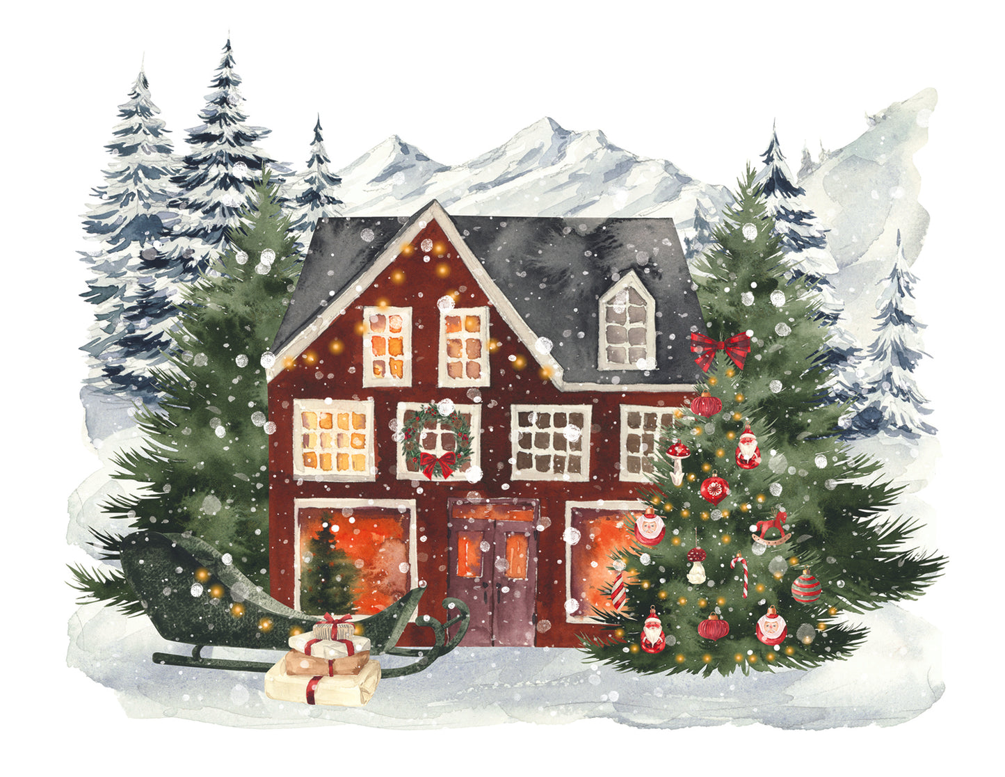 Illustration of a cozy house with Christmas decorations in a snowy landscape.