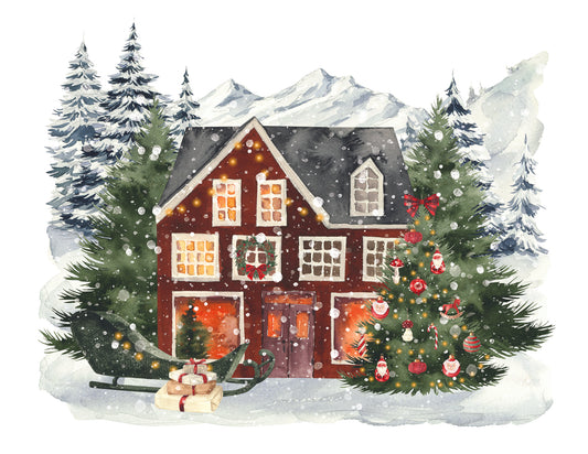 Illustration of a cozy house with Christmas decorations in a snowy landscape.