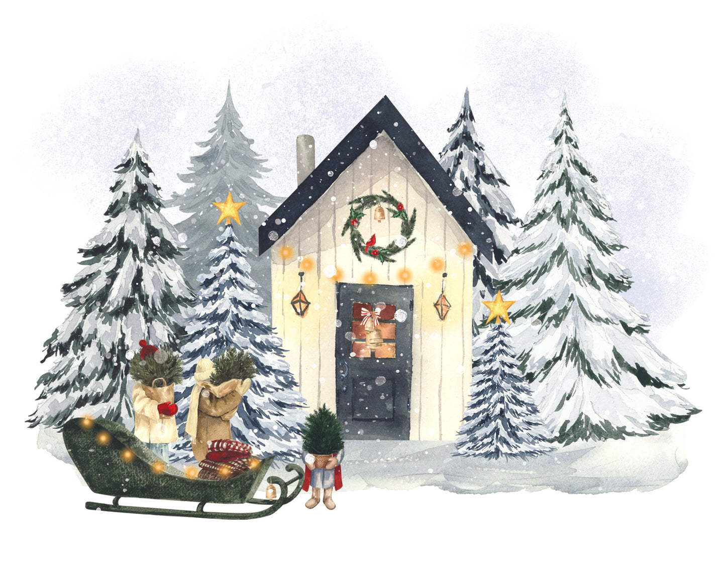 Illustration of a cozy cabin in a snowy landscape with Christmas decorations.