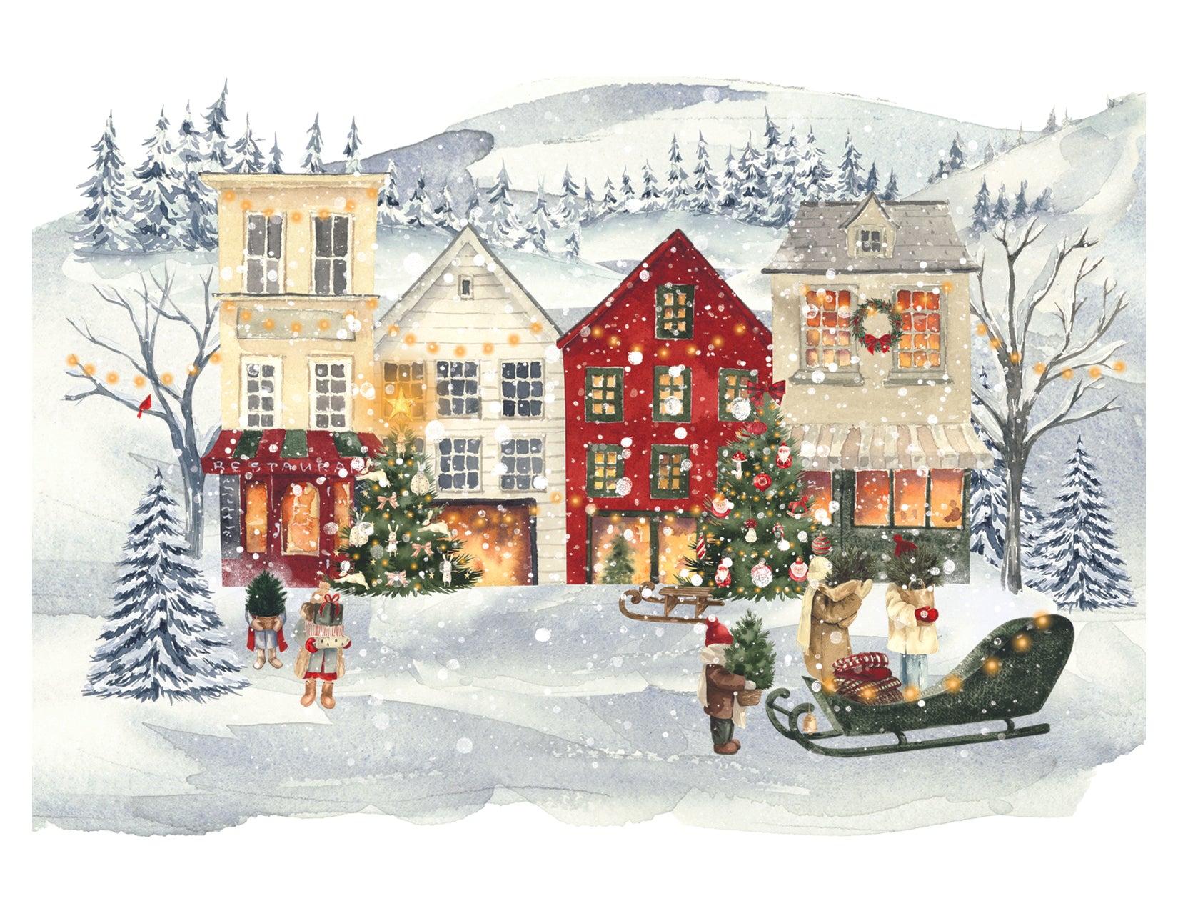 Christmas village scene with decorated houses and trees in a snowy landscape.