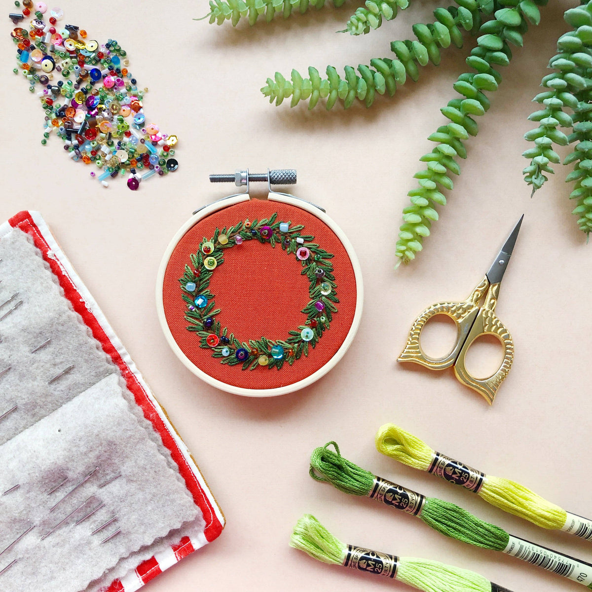 Holiday Wreath Ornament- DIY Beginner Hand Embroidery Craft Kit
