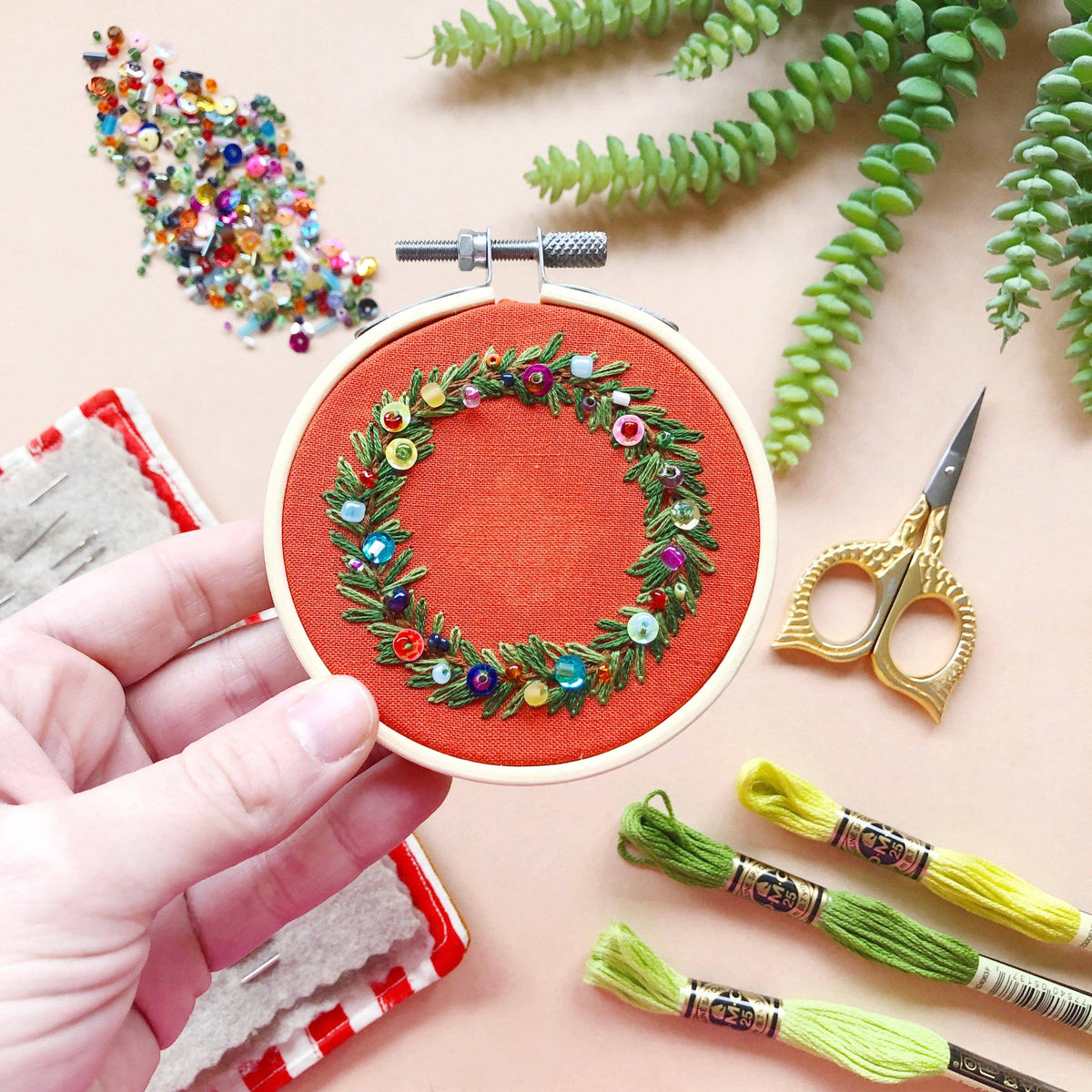 Holiday Wreath Ornament- DIY Beginner Hand Embroidery Craft Kit