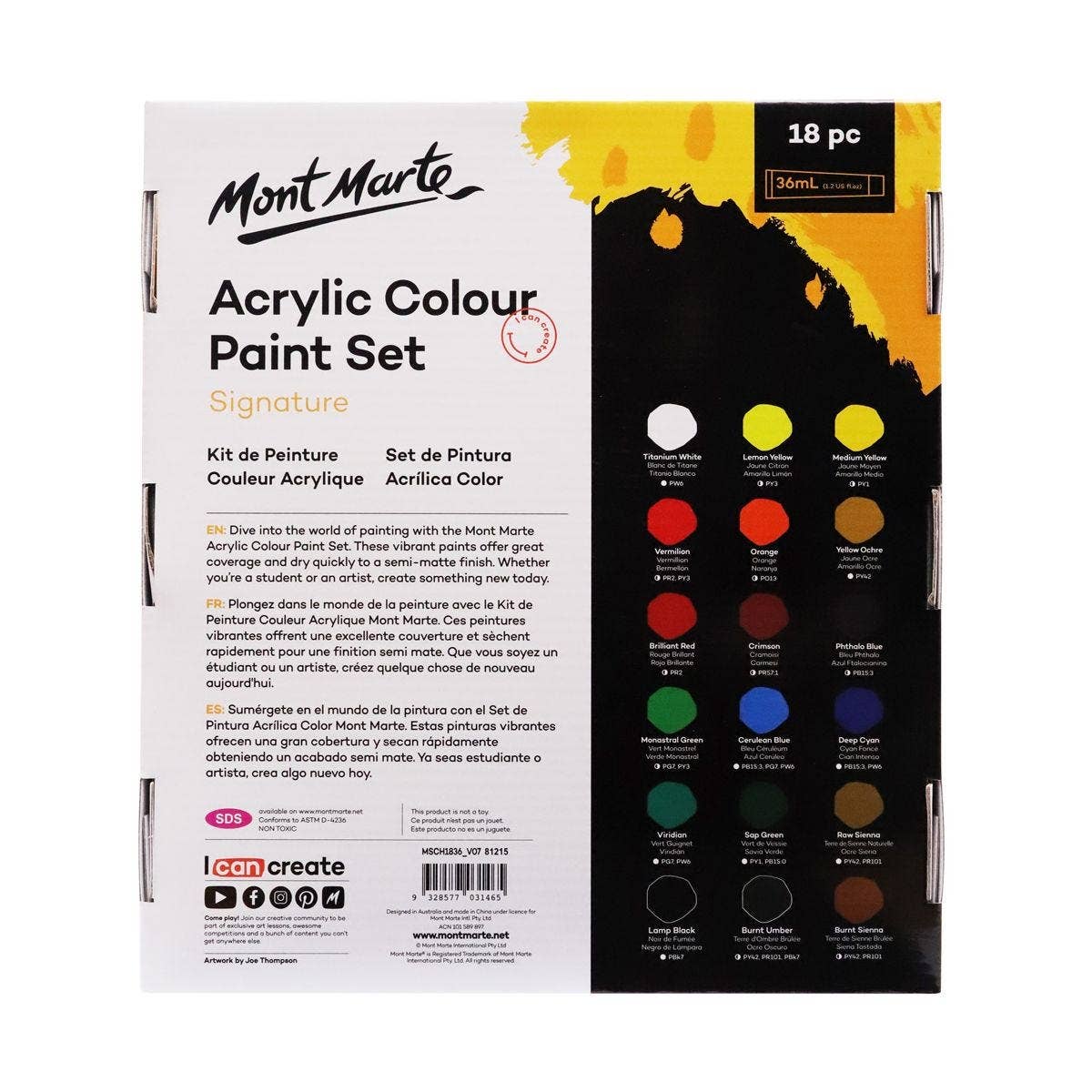 Mont Marte Acrylic Colour Paint Set Signature 18 pc. x 1.2 US fl. oz.